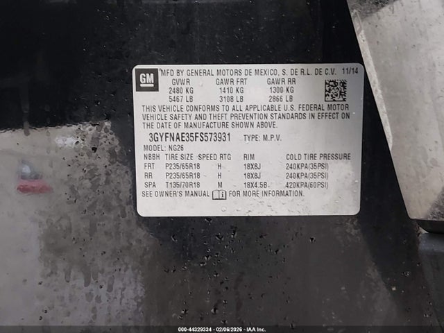 2015 Cadillac Srx Standard მანქანა იყიდება აუქციონზე, vin: 3GYFNAE35FS573931, აუქციონის ნომერი: 44329334