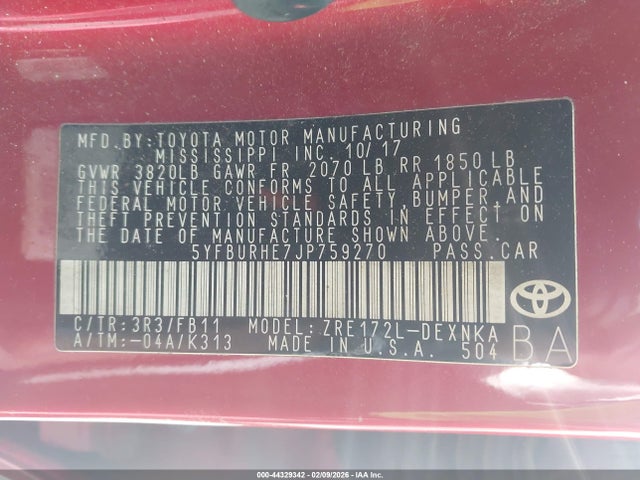 Toyota COROLLA LE 2018 5YFBURHE7JP759270 Image 9