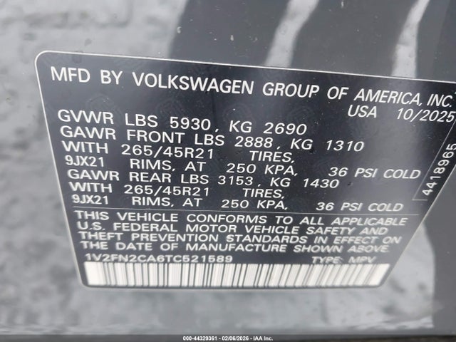 Aukcja sprzedaży 2026 Volkswagen Atlas Sel Premium R-line, vin: 1V2FN2CA6TC521589, numer aukcji: 44329361