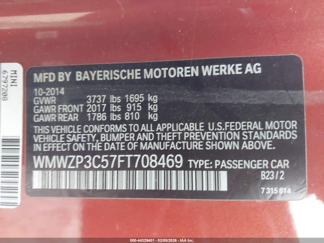 2015 MINI CONVERTIBLE WMWZP3C57FT708469 Photo 8