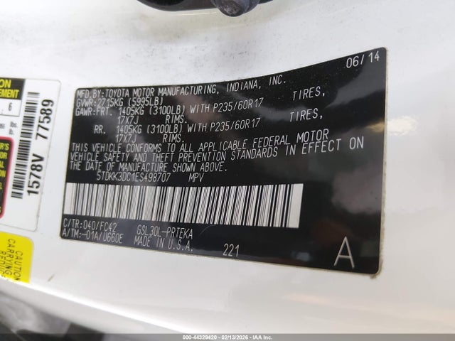 2014 Toyota Sienna Le V6 8 Passenger მანქანა იყიდება აუქციონზე, vin: 5TDKK3DC1ES498707, აუქციონის ნომერი: 44329420