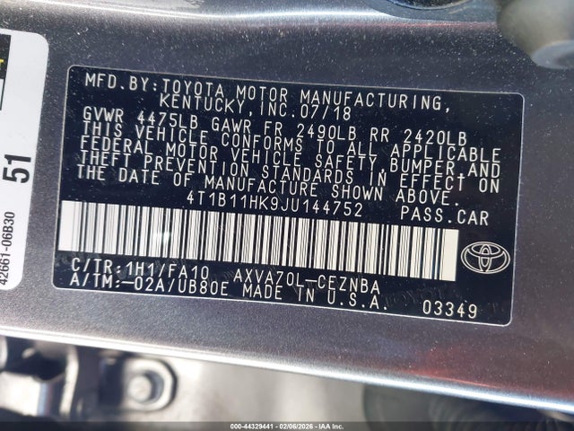 4T1B11HK9JU144752 Toyota CAMRY LE