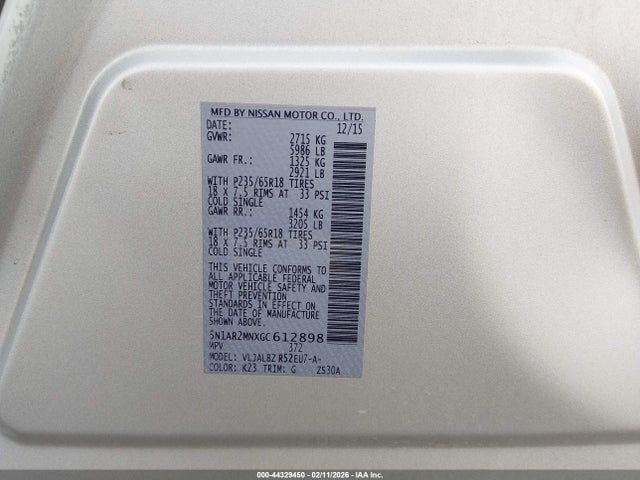 5N1AR2MNXGC612898 Nissan Pathfinder Platinum/s/sl/sv