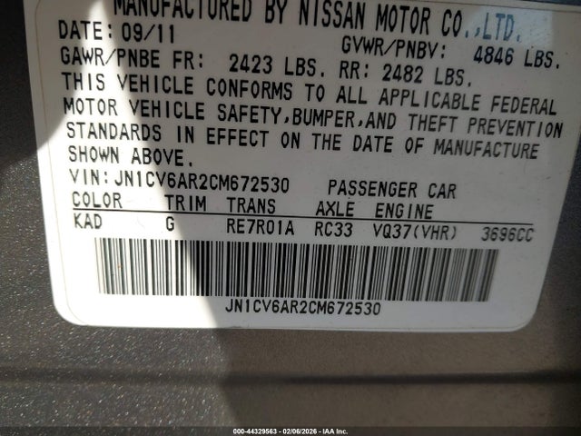 44329563 :رقم المزاد ، JN1CV6AR2CM672530 vin ، 2012 Infiniti G37x مزاد بيع