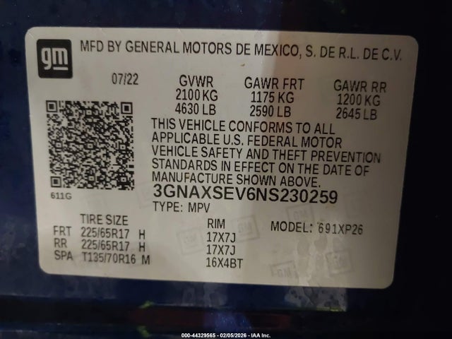 3GNAXSEV6NS230259 Chevrolet Equinox Awd Ls