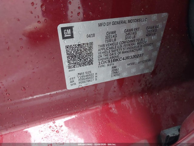 44329582 :رقم المزاد ، 1GKS1BKC4JR320237 vin ، 2018 Gmc Yukon Slt مزاد بيع