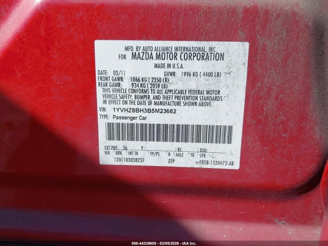 44329605 :رقم المزاد ، 1YVHZ8BH3B5M23682 vin ، 2011 Mazda Mazda6 I Sport مزاد بيع