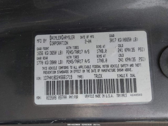 Aukcja sprzedaży 2004 Dodge Ram 1500 Slt/laramie, vin: 1D7HA18D24S661719, numer aukcji: 44329609