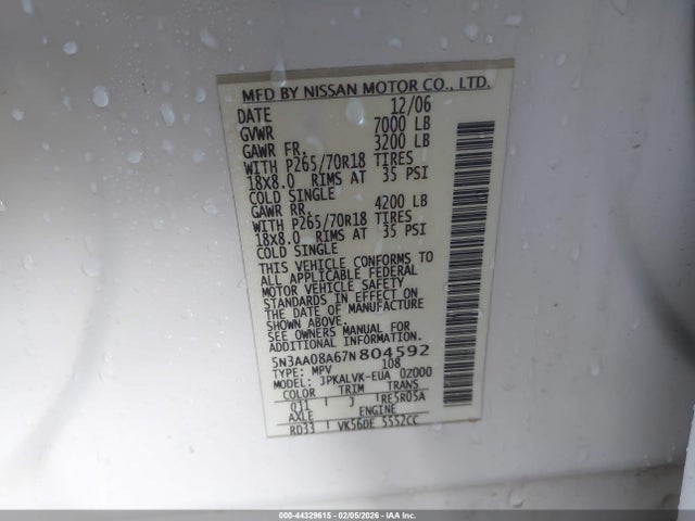44329615 :رقم المزاد ، 5N3AA08A67N804592 vin ، 2007 Infiniti Qx56 مزاد بيع