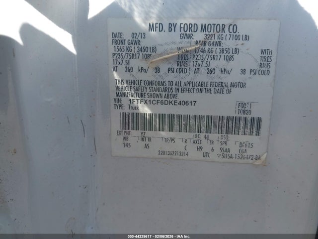 44329617 :رقم المزاد ، 1FTFX1CF6DKE40617 vin ، 2013 Ford F-150 Xl مزاد بيع