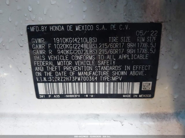3CZRZ2H73PM700364 Honda Hr-v Awd Ex-l