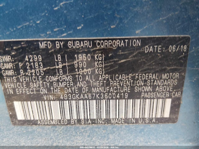 2019 Subaru Impreza 2.0i მანქანა იყიდება აუქციონზე, vin: 4S3GKAA67K3600419, აუქციონის ნომერი: 44329633