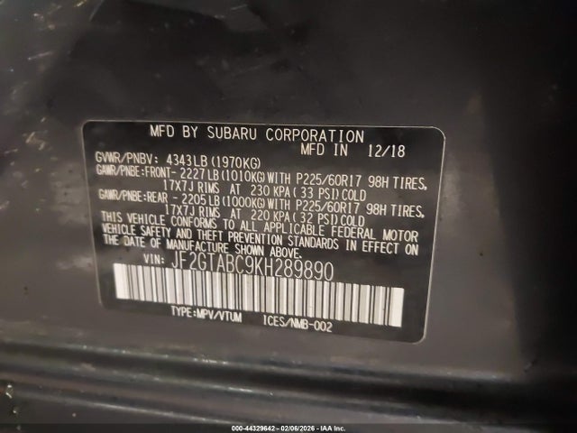 Aukcja sprzedaży 2019 Subaru Crosstrek 2.0i, vin: JF2GTABC9KH289890, numer aukcji: 44329642
