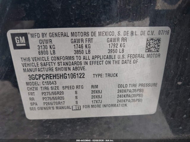 3GCPCREH5HG106122 Chevrolet Silverado 1500 1lt