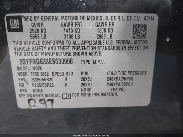 44329718 :رقم المزاد ، 3GYFNGE33ES630998 vin ، 2014 Cadillac Srx Premium Collection مزاد بيع