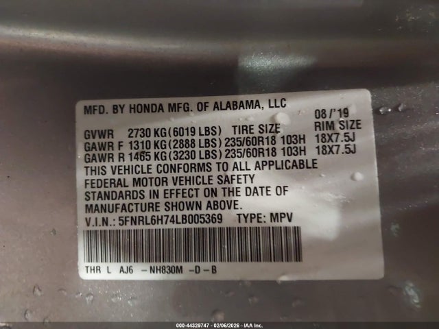 5FNRL6H74LB005369 Honda Odyssey Ex-l/ex-l W/navi Res
