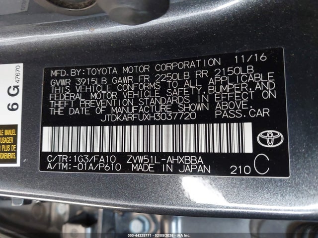 JTDKARFUXH3037720 Toyota Prius Two Eco
