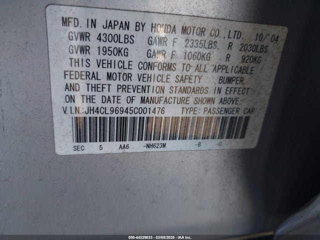 Aukcja sprzedaży 2005 Acura Tsx, vin: JH4CL96945C001476, numer aukcji: 44329833