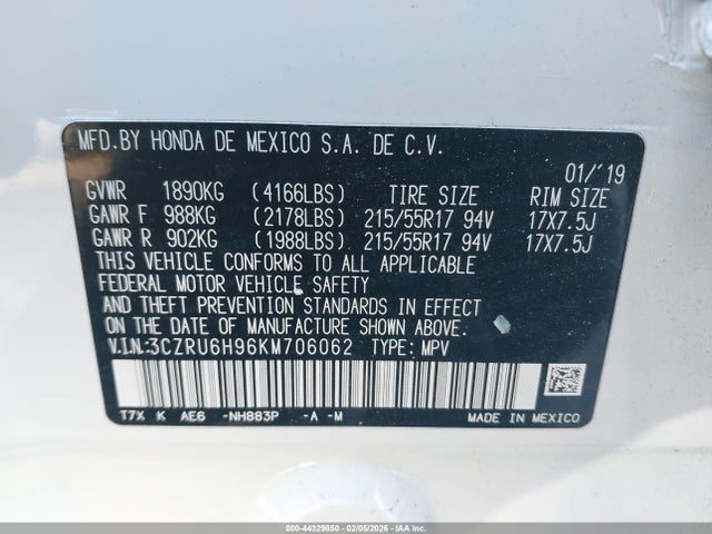 3CZRU6H96KM706062 Honda Hr-v Touring