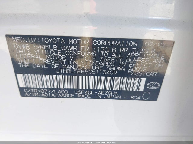 44329865 :رقم المزاد ، JTHBL5EF5C5113409 vin ، 2012 Lexus Ls 460 مزاد بيع