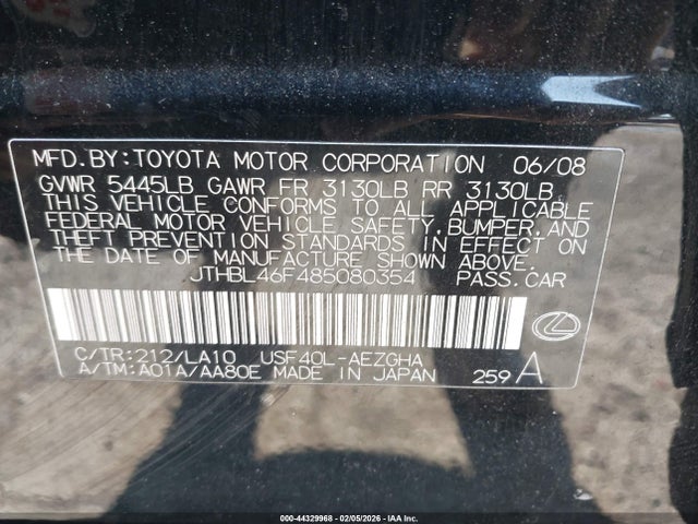 44329968 :رقم المزاد ، JTHBL46F485080354 vin ، 2008 Lexus Ls 460 مزاد بيع
