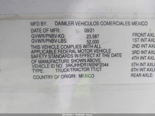 2022 Freightliner New Cascadia 126 მანქანა იყიდება აუქციონზე, vin: 3AKJHHDR1NSNF2044, აუქციონის ნომერი: 44330011