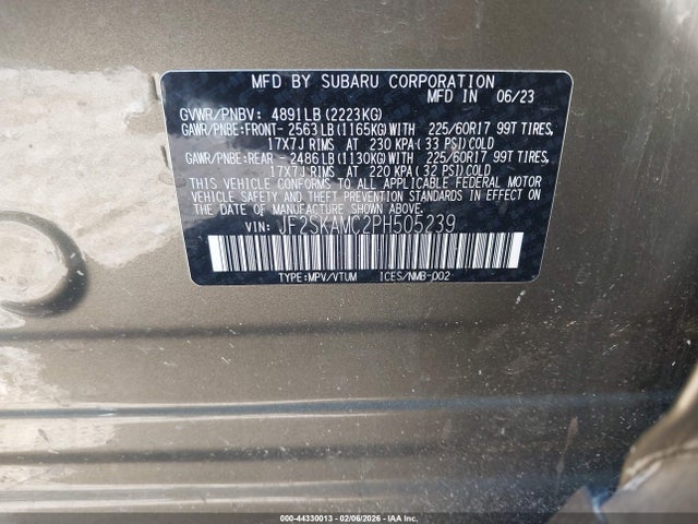 44330013 :رقم المزاد ، JF2SKAMC2PH505239 vin ، 2023 Subaru Forester Wilderness مزاد بيع