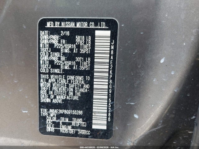 JN8AE2KP8G9155286 Nissan Quest Platinum/s/sl/sv