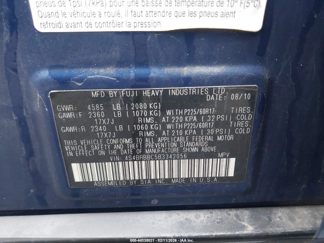 Продажа на аукционе авто 2011 Subaru Outback 2.5i Premium, vin: 4S4BRBBC5B3342056, номер лота: 44330021