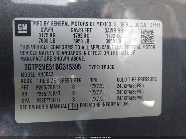 2011 Gmc Sierra 1500 Sle მანქანა იყიდება აუქციონზე, vin: 3GTP2VE31BG315395, აუქციონის ნომერი: 44330031