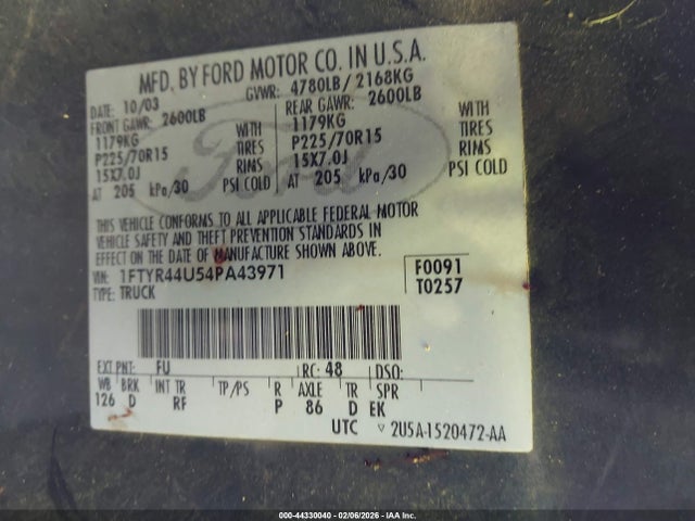 Продаж на аукціоні авто 2004 Ford Ranger Edge/tremor/xlt, vin: 1FTYR44U54PA43971, номер лоту: 44330040