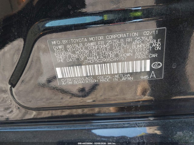 Продажа на аукционе авто 2011 Lexus Is 250, vin: JTHCF5C29B5049157, номер лота: 44330094