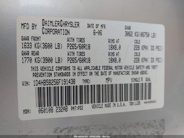 Продаж на аукціоні авто 2006 Dodge Durango Limited, vin: 1D4HB58256F191438, номер лоту: 44330103