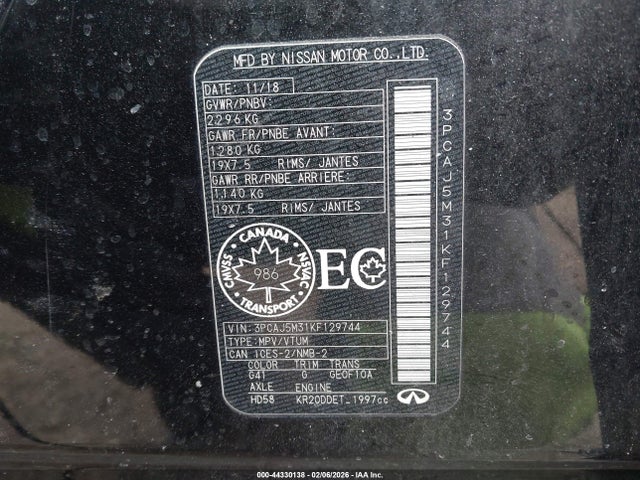 Продаж на аукціоні авто 2019 Infiniti Qx50 Essential/luxe/pure, vin: 3PCAJ5M31KF129744, номер лоту: 44330138