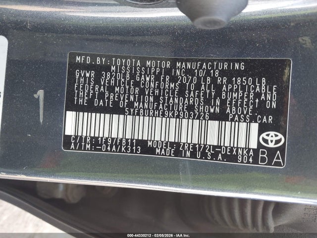 5YFBURHE9KP903726 Toyota COROLLA LE