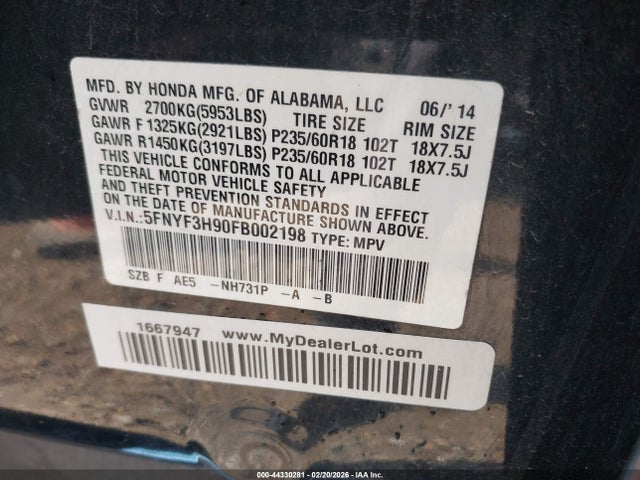 Honda Pilot Touring 2015 5FNYF3H90FB002198 Image 9