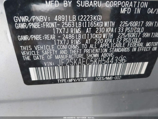 44330318 :رقم المزاد ، JF2SKAEC5KH544396 vin ، 2019 Subaru Forester Premium مزاد بيع