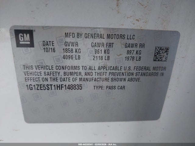 44330341 :رقم المزاد ، 1G1ZE5ST1HF148835 vin ، 2017 Chevrolet Malibu 1lt مزاد بيع