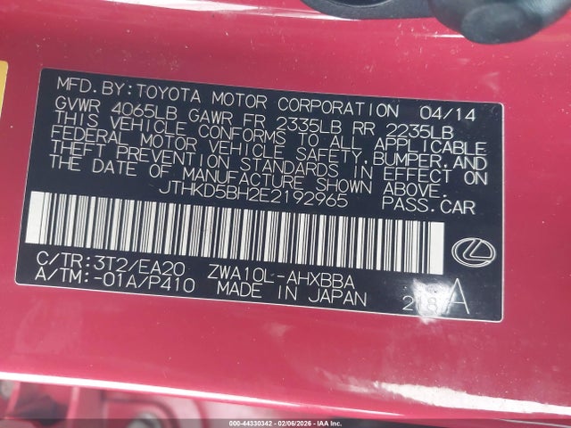 Aukcja sprzedaży 2014 Lexus Ct 200h, vin: JTHKD5BH2E2192965, numer aukcji: 44330342
