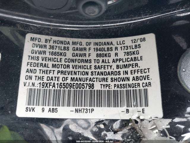 2009 Honda Civic Lx მანქანა იყიდება აუქციონზე, vin: 19XFA16509E005798, აუქციონის ნომერი: 44330389