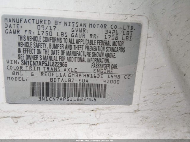 3N1CN7AP5JL822965 Nissan Versa 1.6 Sv
