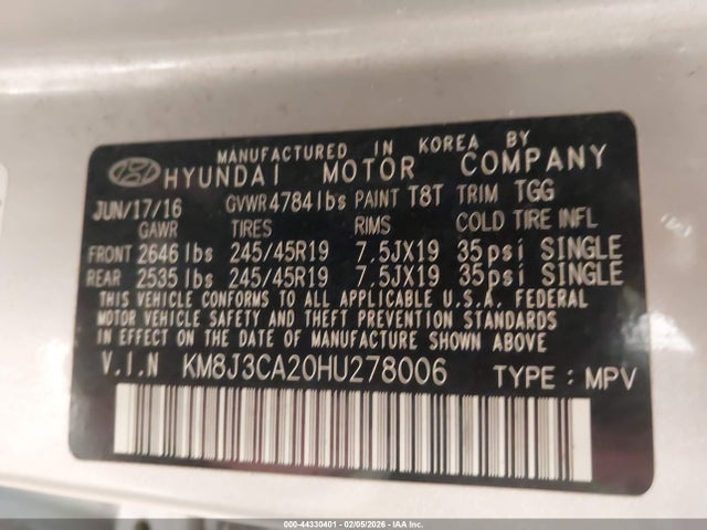 Aukcja sprzedaży 2017 Hyundai Tucson Sport, vin: KM8J3CA20HU278006, numer aukcji: 44330401