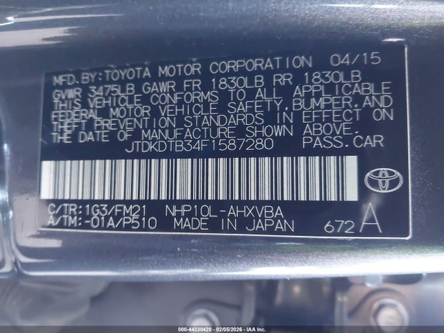 JTDKDTB34F1587280 Toyota Prius C Two