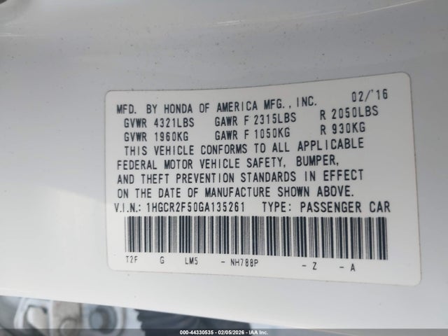 1HGCR2F50GA135261 Honda Accord Sport
