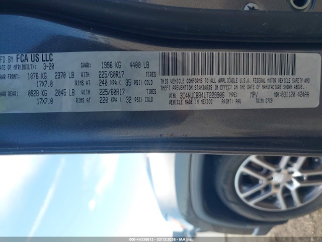 44330613 :رقم المزاد ، 3C4NJCBB4LT229906 vin ، 2020 Jeep Compass Sun And Safety Fwd مزاد بيع