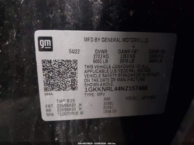 44330629 :رقم المزاد ، 1GKKNRL44NZ157468 vin ، 2022 Gmc Acadia Awd Sle مزاد بيع