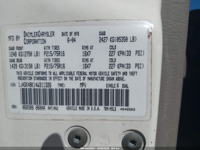2004 Jeep Liberty Sport მანქანა იყიდება აუქციონზე, vin: 1J4GK48K14W311326, აუქციონის ნომერი: 44330651