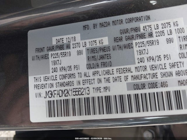 Aukcja sprzedaży 2019 Mazda Cx-5 Grand Touring, vin: JM3KFADM2K1556213, numer aukcji: 44330652
