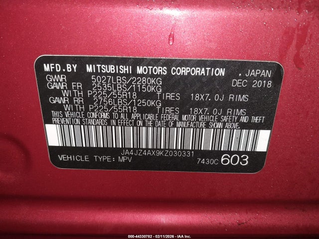 Продаж на аукціоні авто 2019 Mitsubishi Outlander Gt, vin: JA4JZ4AX9KZ030331, номер лоту: 44330782