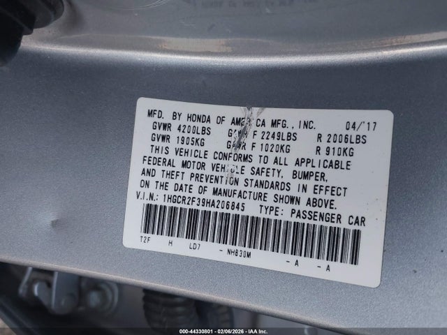 Honda ACCORD LX 2017 1HGCR2F39HA206845 Image 9